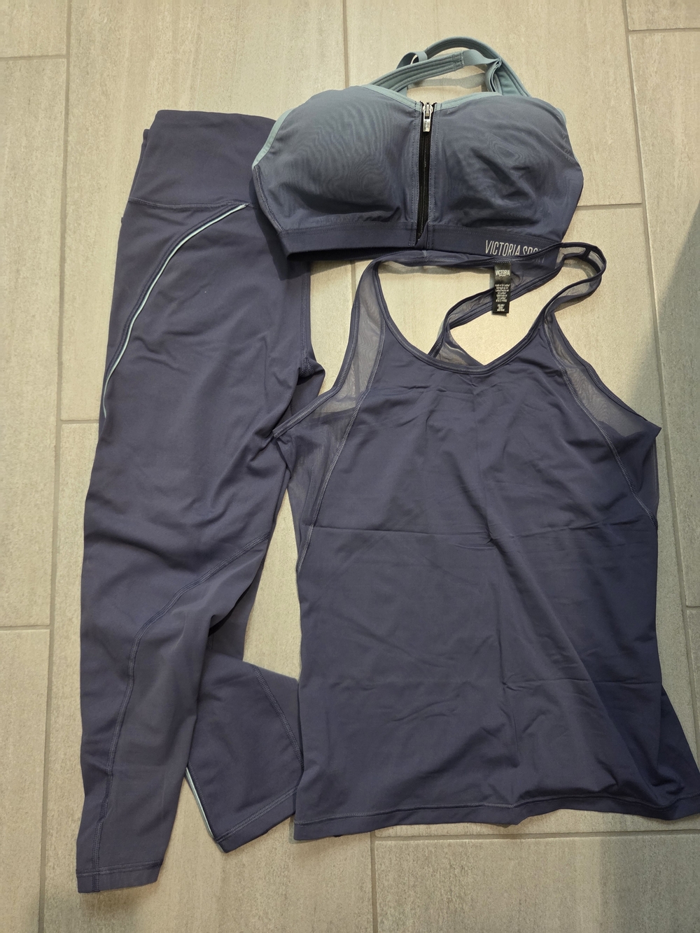 VSX Grayish Blue Activewear Set - Sports Bra, Tank, Capri Leggings